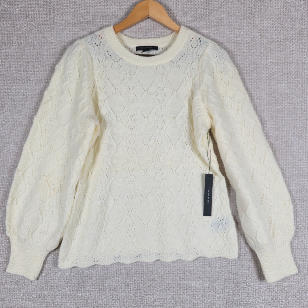 Tahari Womens Cream Pointelle Knit Puff Sleeve Scalloped Hem Sweater Size M NEW